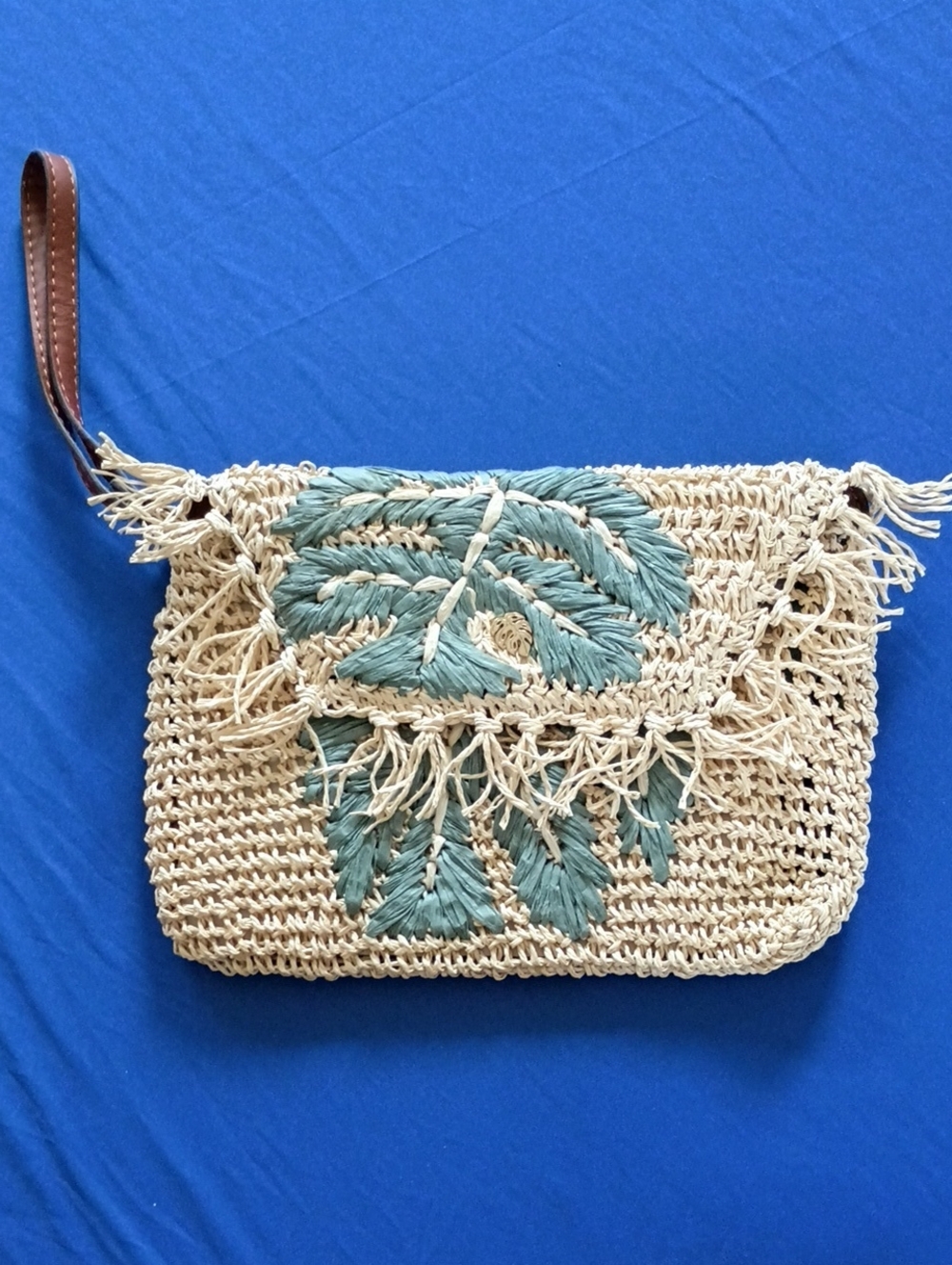 Tommy Bahama Natural Raffia Clutch with Teal Leaf Embroidery